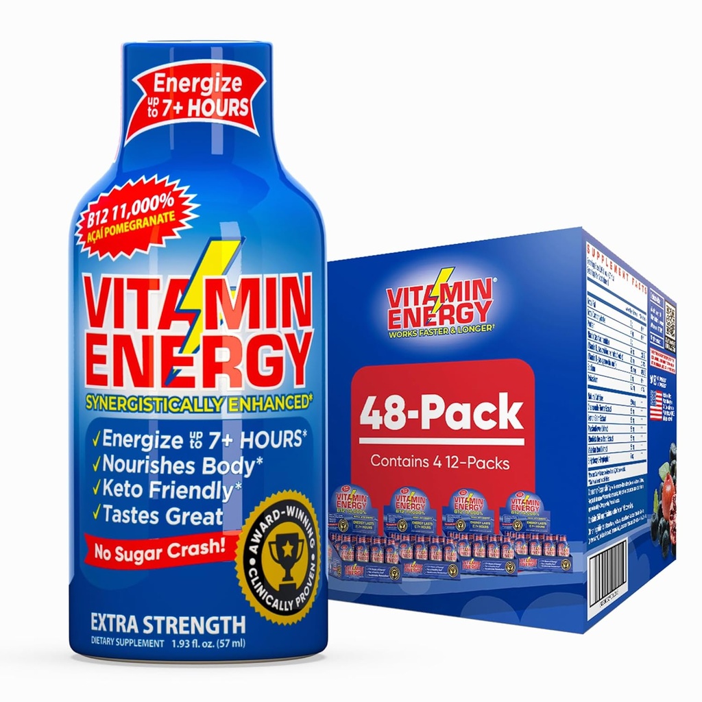 Vitamin Energy B12: 11.000% Energi Ekstra Shot Açaí Pocate 48 Pack, 260mg Natural Caffeine, B12 & B6, Nootropic Focus, Vitalitas, Zero Sugar, Gluten- Free, Vegan, Kosher, 1.93 fl oz