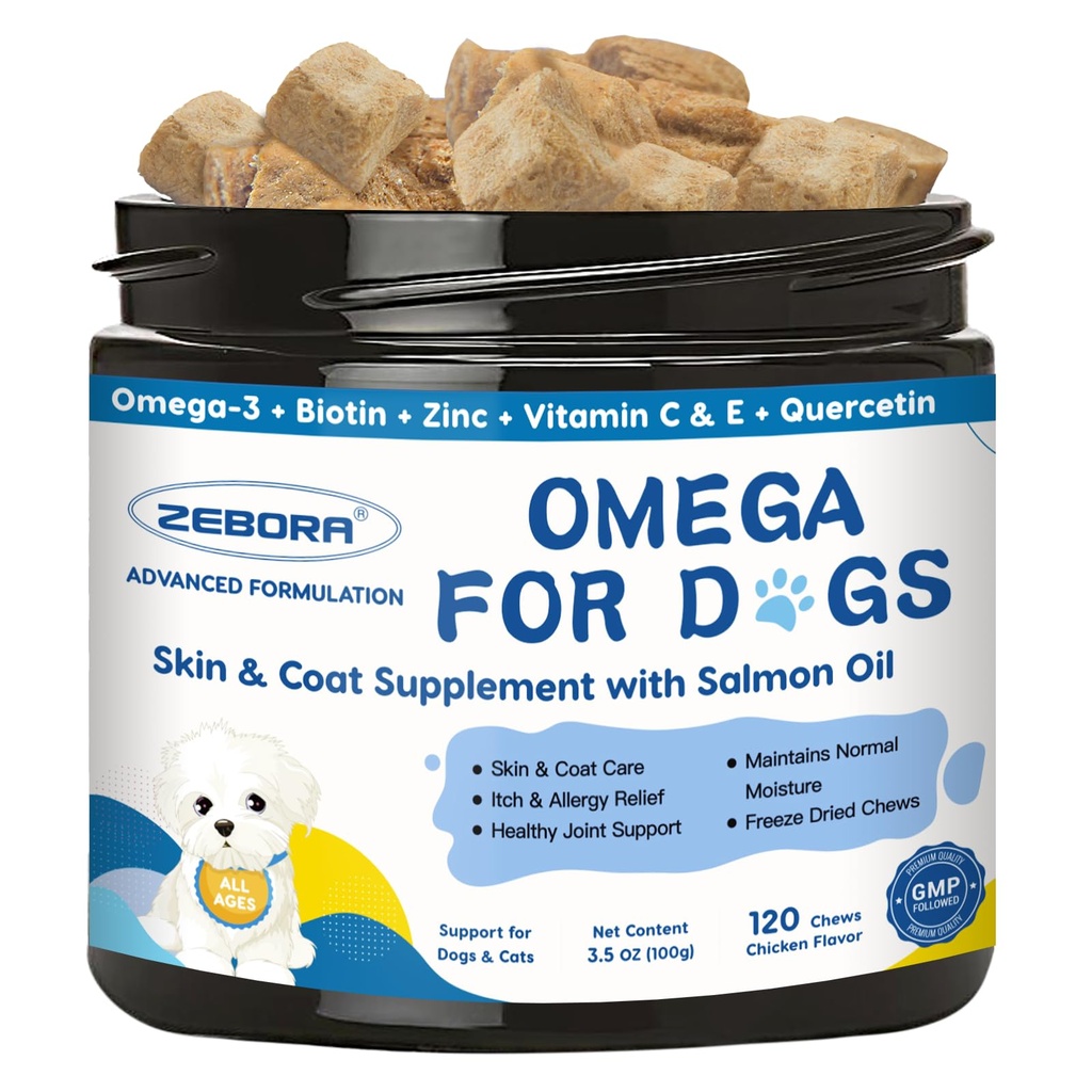 Omega 3 for Dogs with Salmon Oil, Fish Oil for Dogs Skin and Coat Relilement, Dog Allergy Treatment Hot Spot, Anti Shedding, Hip & Joint Support with EPA & DHA, Biotin, Vitamin E