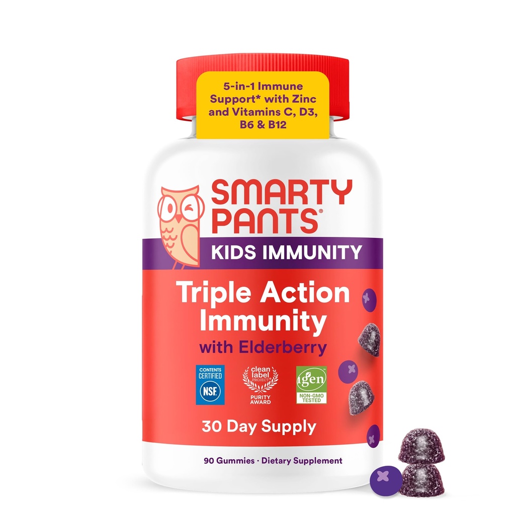 Anak-anak SmartyPants Imunity Elderberry Gummies: Anak-anak Pendukung Kebal, Vitamin C, Vitamin B6 & B12 dan Zinc, Gluten Free, Elderberry Flavor, 60 Count (30 Hari Suppply)
