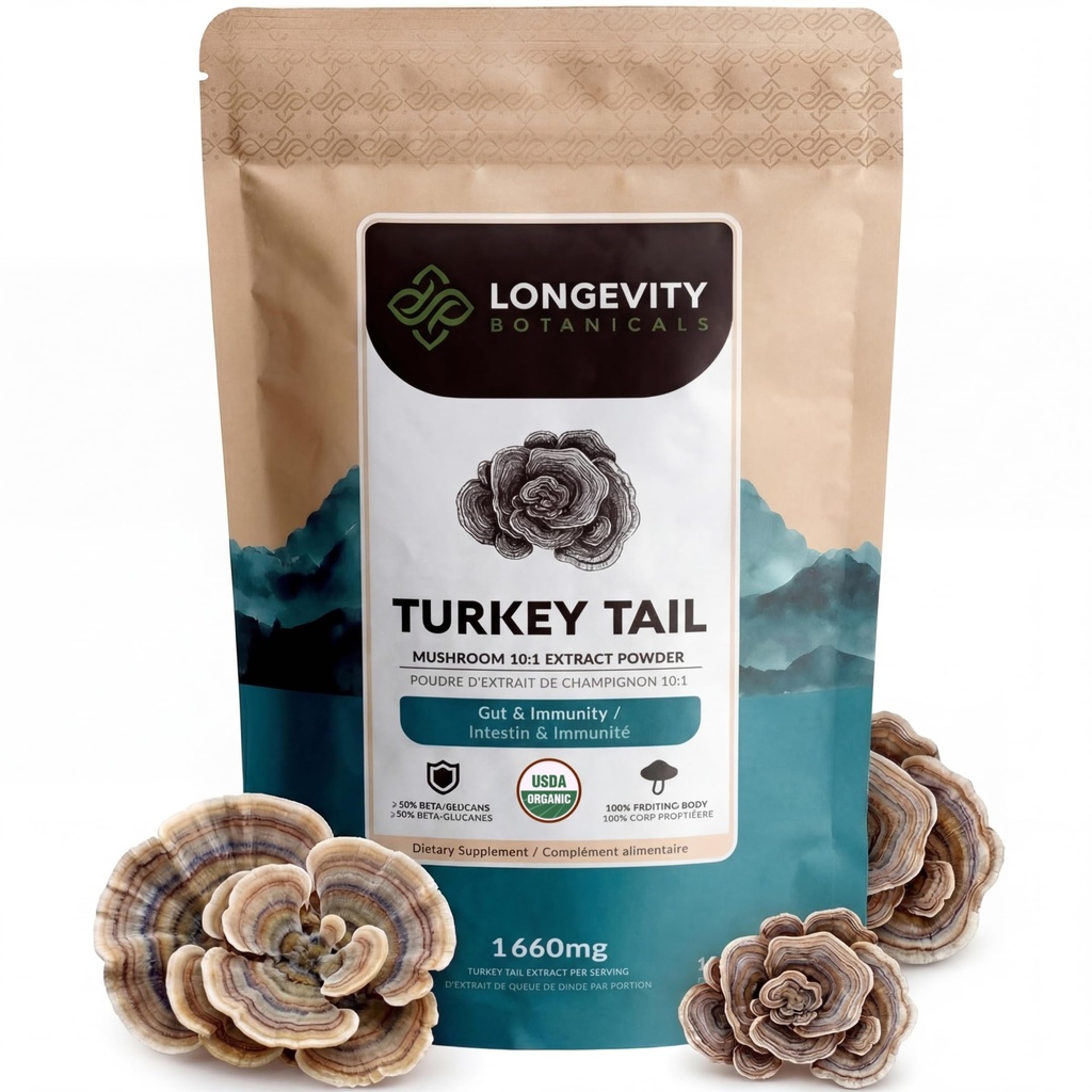 Tambahan Acar Turkey Tail Mushroom 100g 124; Murni Fruit Body 10: 1 Ekstraksi Kekuatan Tinggi 14; 50% Beta- D GATAN 124; 16,600mg Raw Equivalen Per Serving 124; Ammune, Gut & Microbiome Dukungan