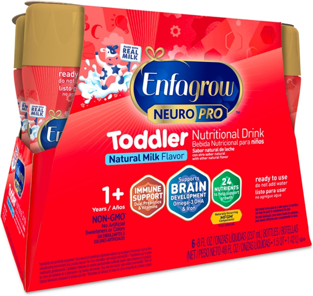 Enfagrow NeuroPro Toddler Nuttration Drince, Made with Real Milk, Brain-Building Omega-3 DHA, Nutrients and Pregnants for Growth & Imune Dupport, Non-GMO, Toddler Milk Powder, 8 Fl Oz, 6 Count