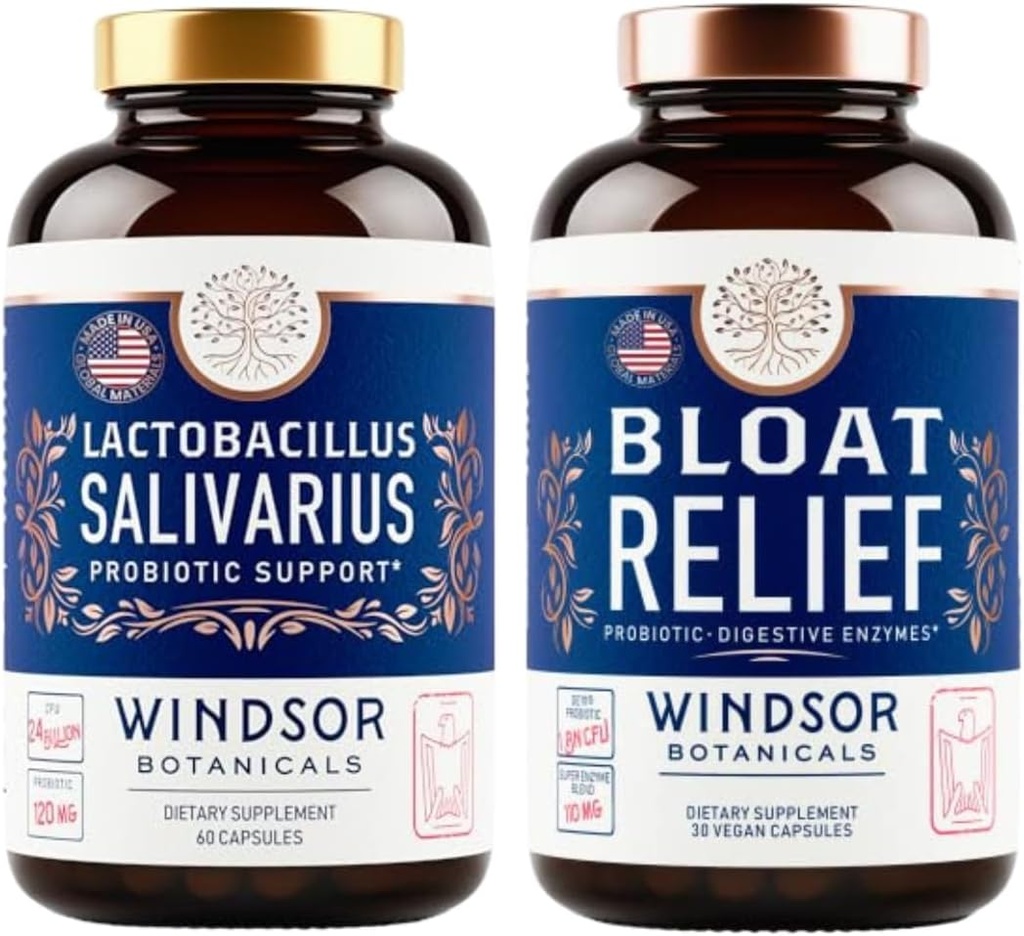 WINDSOR BOTANIKALS Bloat Relief dan Lacholicillus Salivarius Probiotic Capsules - Oral dan IBS Dukung Bundle