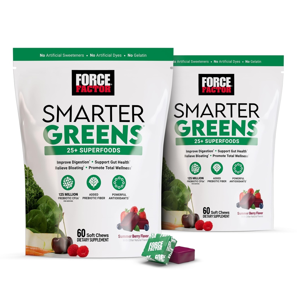 FORCE FacTOR Smarter Greens Superfood Chews, 2- Pack, Greens and Superfood with Progories, Antioksidants, and Fiber, Greens Suppport untuk Duffle, Nitric Oxide, and Energy, 120 Soft Chews