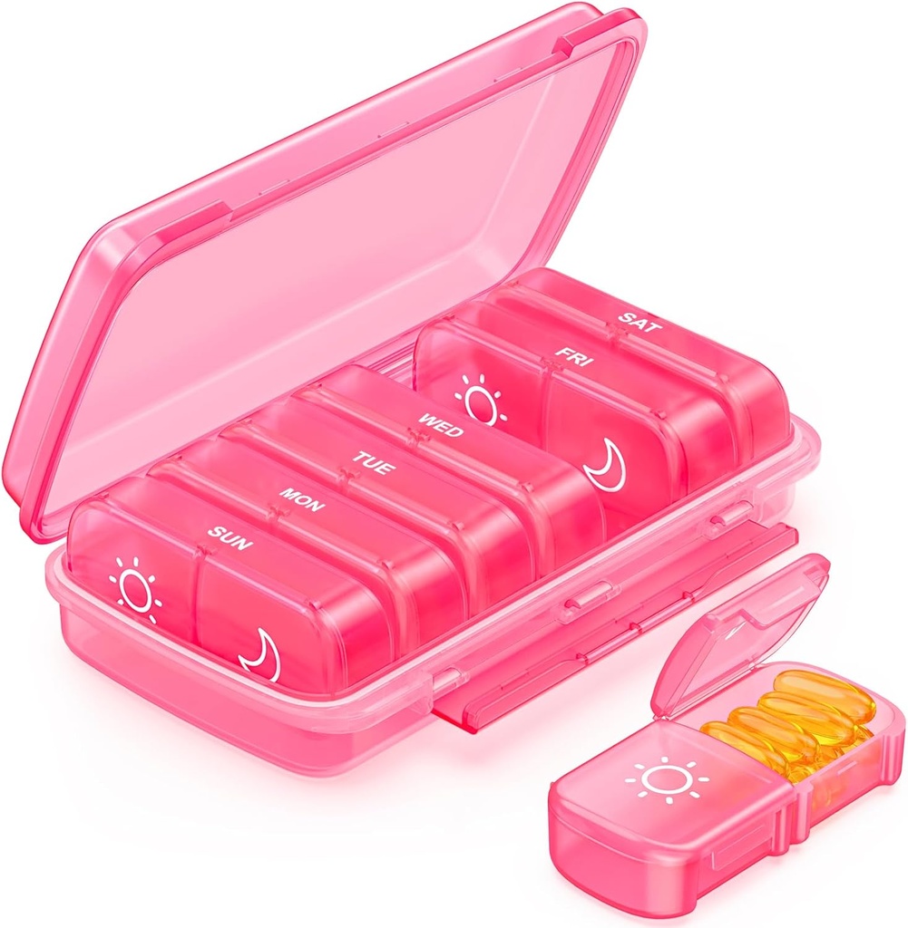 Weekly Pill Organizer 2 Times sehari dengan Moisture- Design, Pink AM PM Pill Box 7 Day untuk Easy Filling Case for Travel, Large Pill Holder for Vitamin, Fish Oil, Supplemen