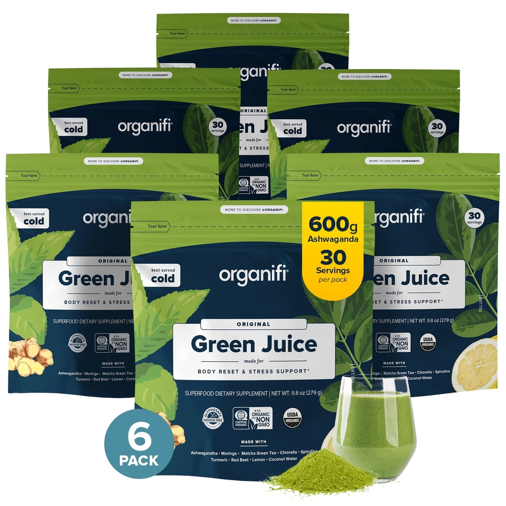 Organifi Green Juice - Organic Superfood Powder - 180- Day Suply - Organic Vegan Greens - Helping Decase Cortisol - Menyediakan Respon Lebih Baik untuk Stress - Mendukung Berat Kontrol - Total Body Wellness