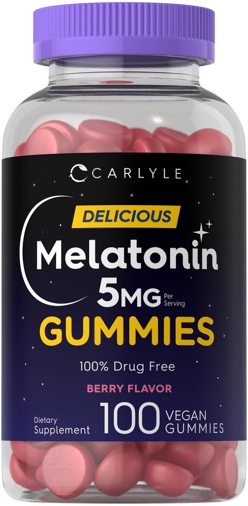 Carlyle Melonatin 5mg Gummies 124; 100 Count 124; Berry Flavor 124; 100% Narkoba Bebas 124; Non-GMO, Gluten Free Suplemen