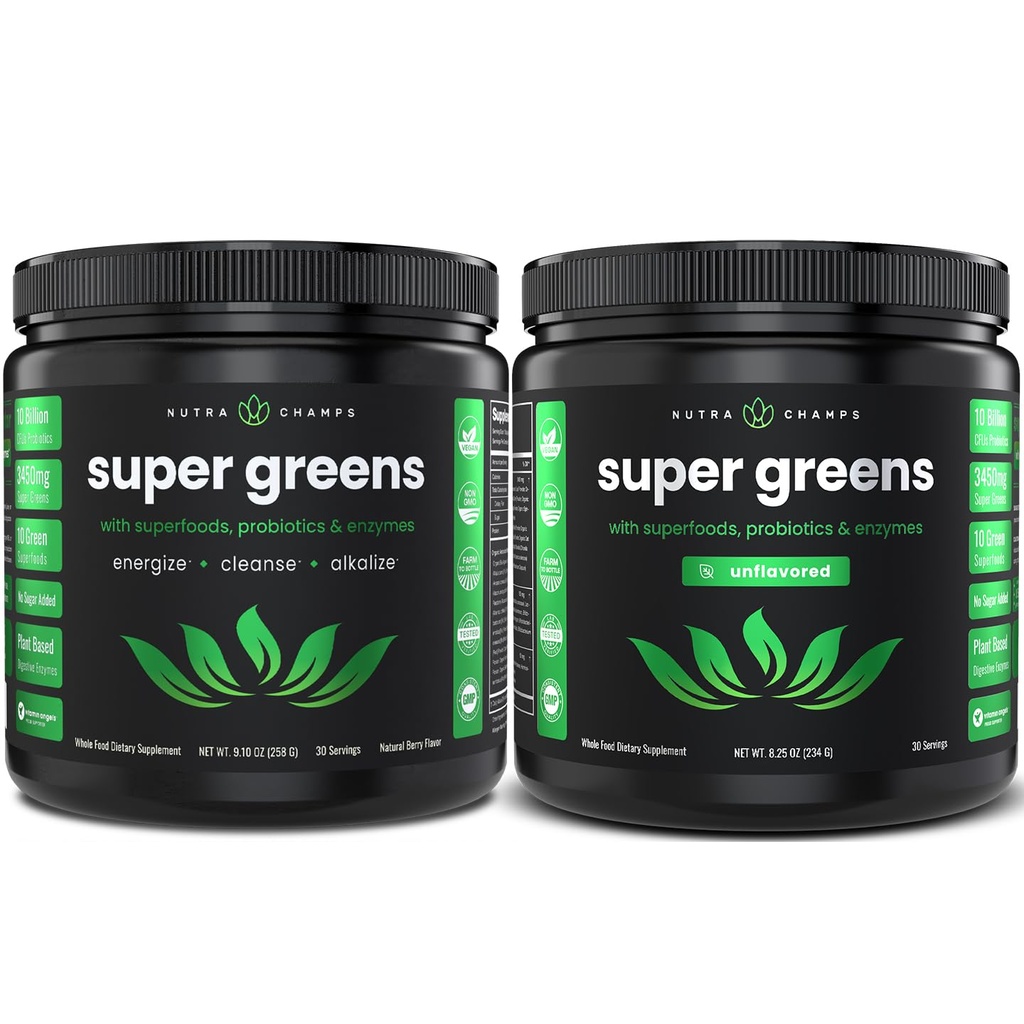 NutraChamps Super Greens Berry & Super Greens Untafedled Bundle - 2 Pasokan Bulan