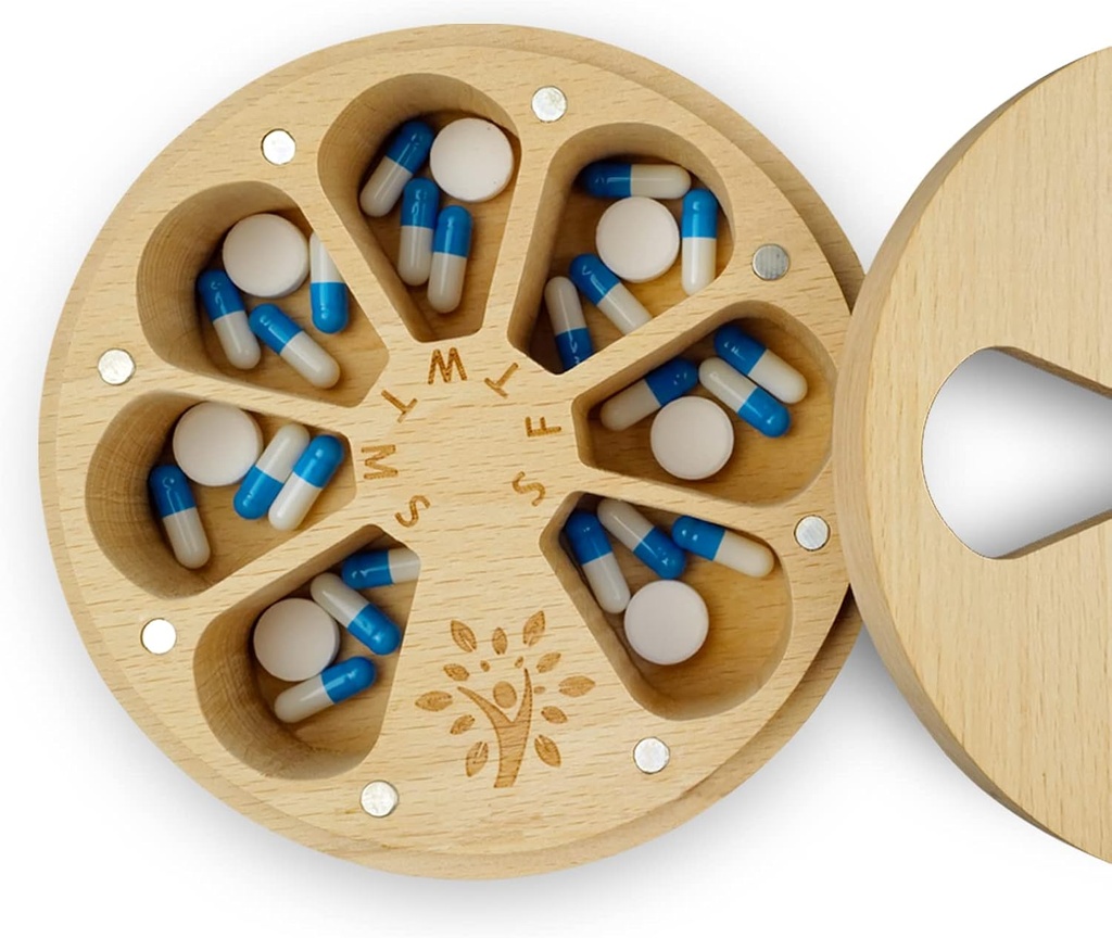 Wood Weekly Pill Organizer for Medicine Vitamin, Arthritis Frid 7- Day Pill Box Medium Comment Hoder, Daily Portable Travel Pill Case with Velvet Bag