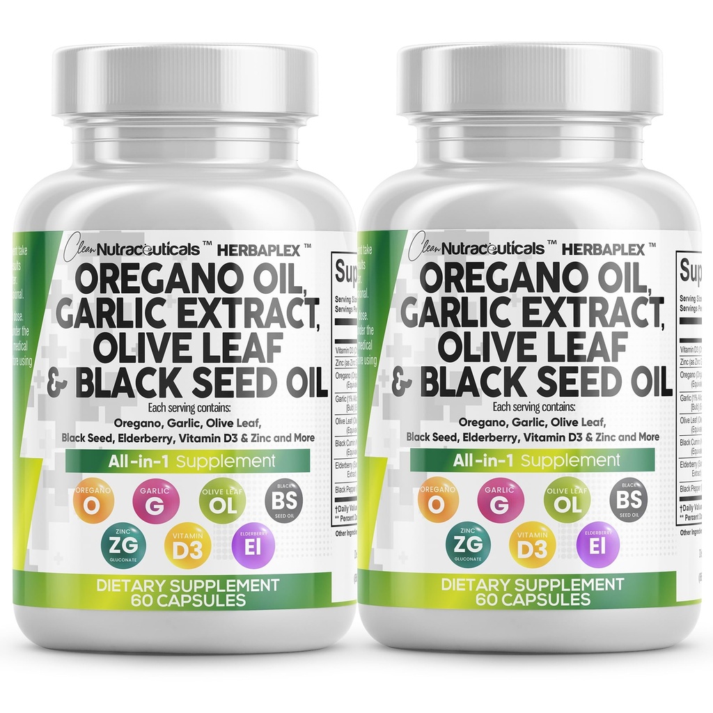 Bersihkan Nutraceuticals Oregano Oil Ekstrak Minyak Bawang Zaitun Leaf Benih Hitam - Imune Dukungan & Digetical Kesehatan untuk Perempuan dan Pria dengan Vitamin D3 & Zinc - 2Pack