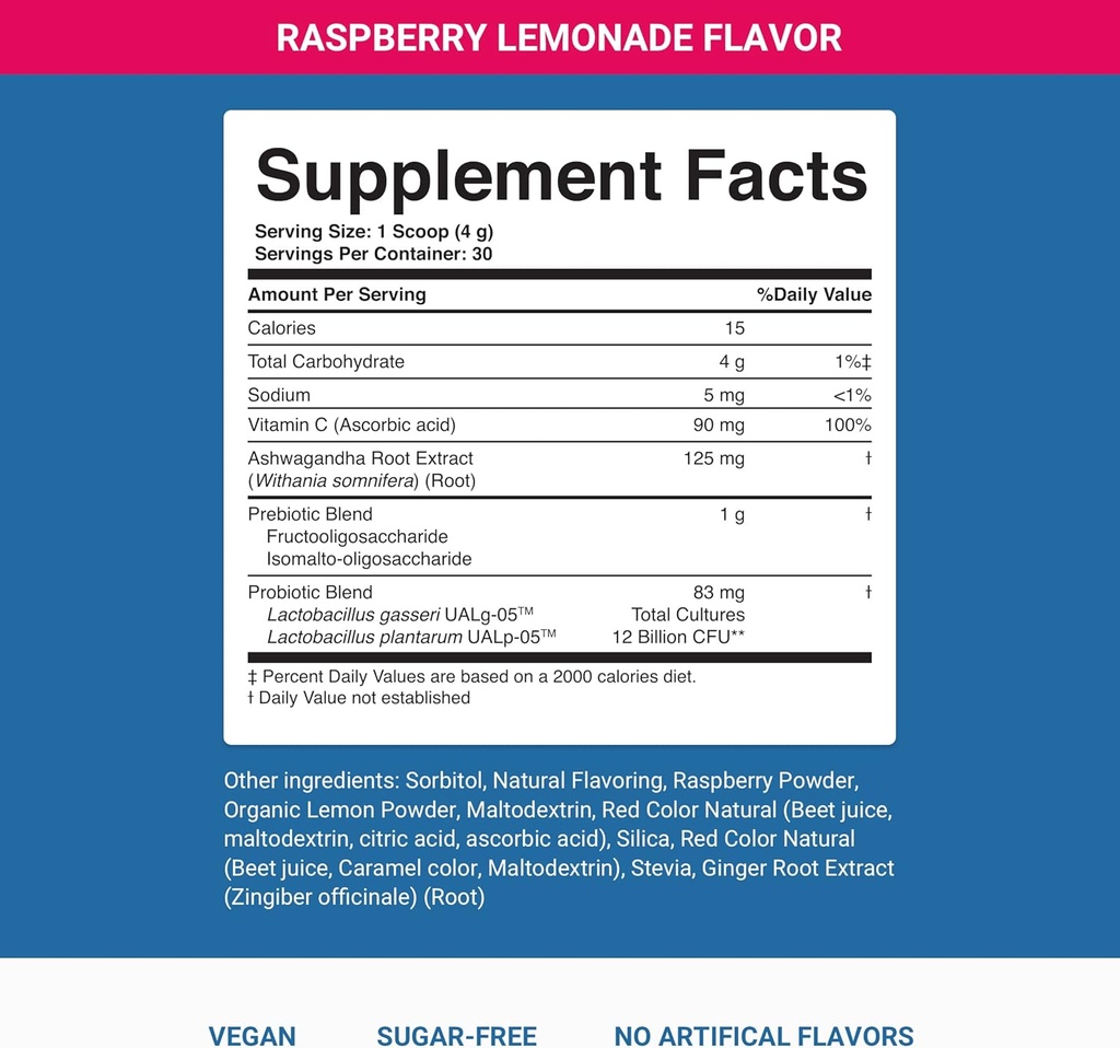 Waktu malam Lengkap dengan mengaktifkan Anda Daily Wellness Drink for Gut Health dengan Ashwagandha - Raspberry Lemonade dengan Preposis, Progories, Vitamin C - Supports Relaxation & Latble, Plant - Based