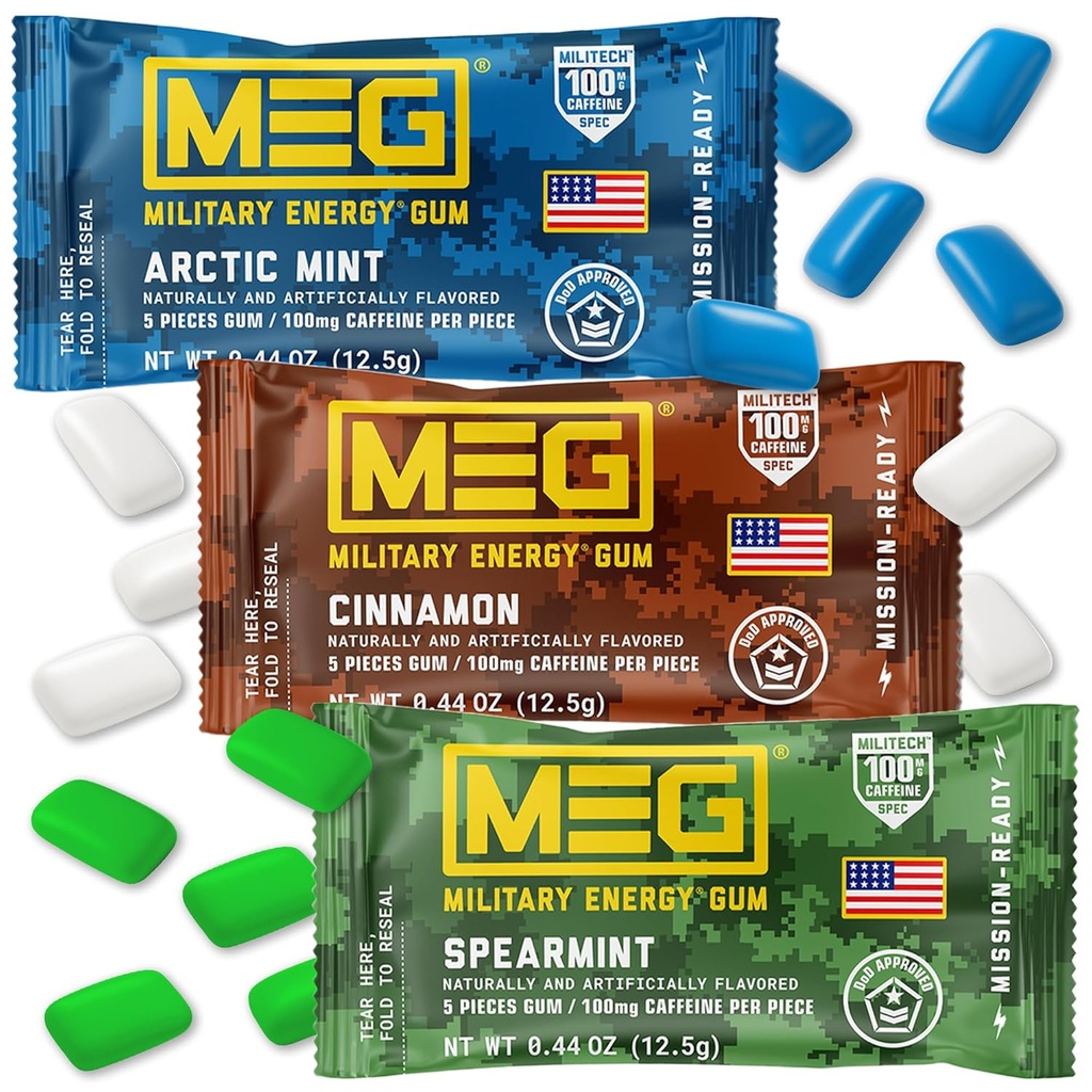 Gum MEG - Gum Energi Militer 124; 100mg Caffeine Per Piece - 15 potong Paket - Energi dan Fokus kepada Boost Performace