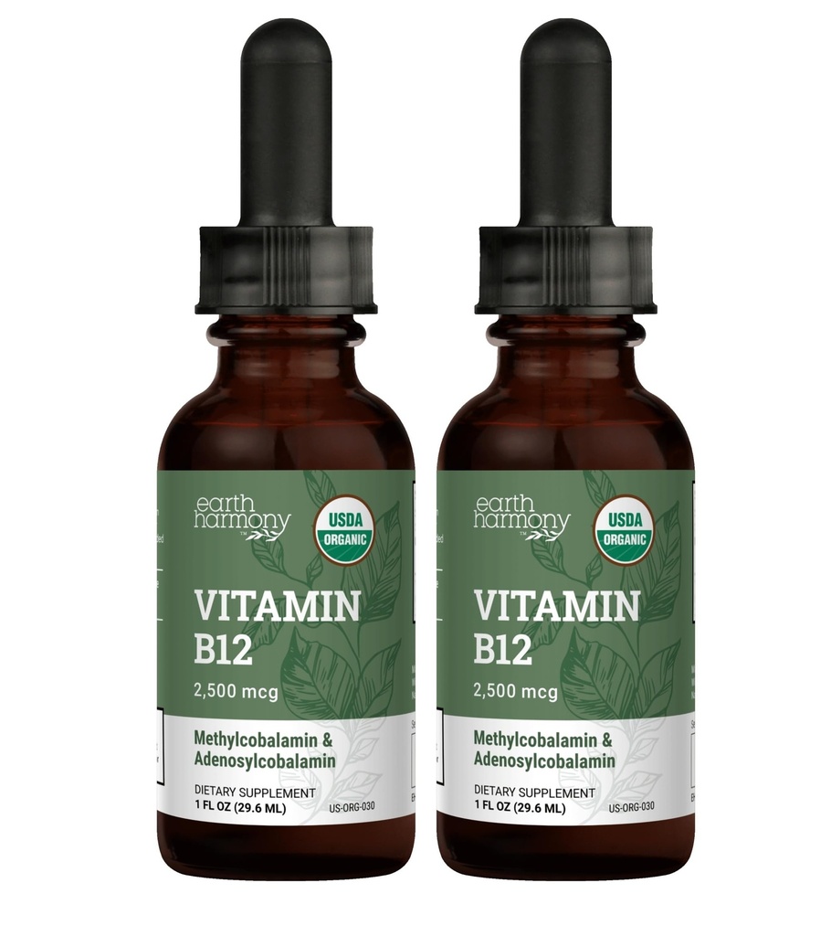 USDA Organic Vitamin B12 2000mcg Sublingual Liquid Suquid Suquid Suquid Suffid Su2- Pack) - Vegan Methylcobalamin Drops for Natural Energy, Keep Metabolisme, and Immune System Support - 1 Fl Oz