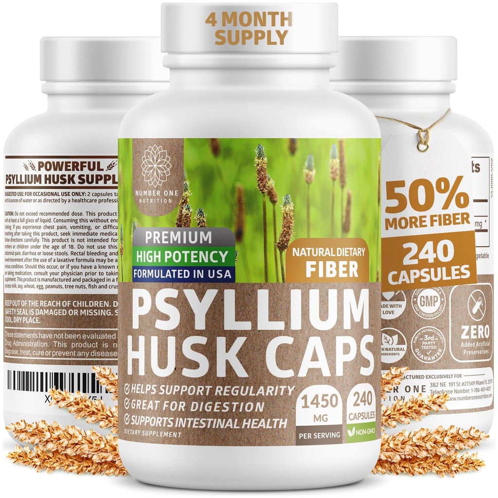 N1N Premium Psyllium Husk Capsules [All Natural, 1450 MG] Suplemen Serba Soluble yang kuat untuk mendukung Regularitas dan Kesehatan Digetical, 240 Caps