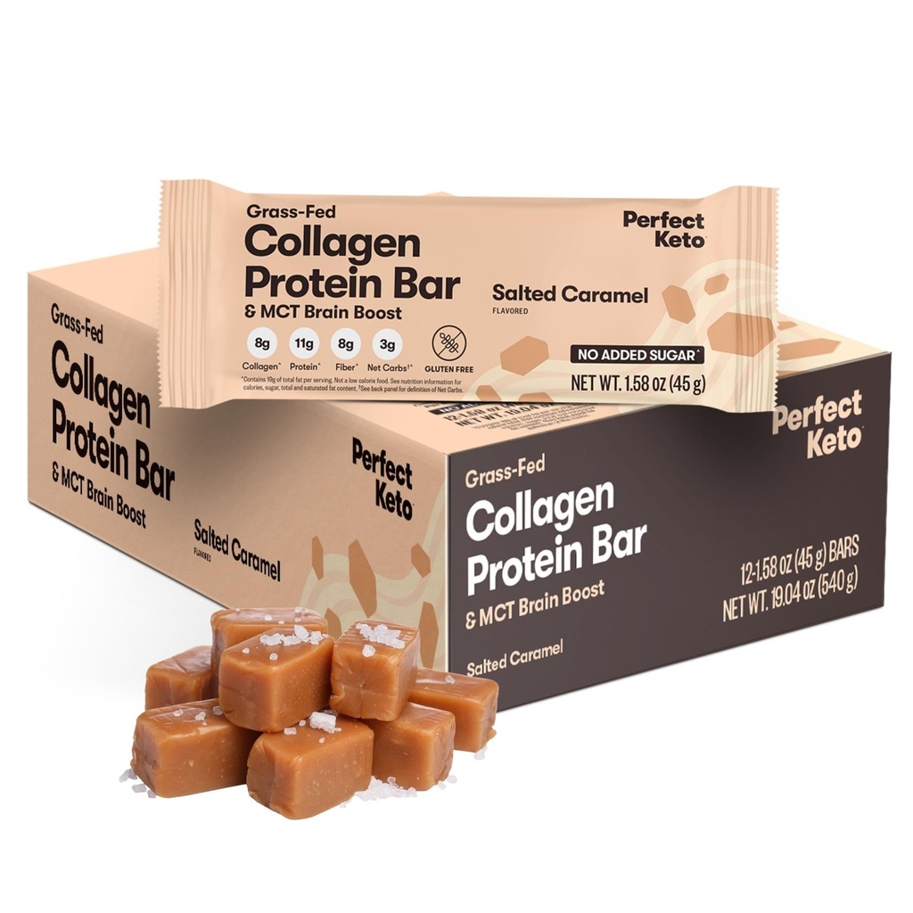 Sempurna Keto Bars - The Cleanest Keto Snacks dengan Collagen dan MCT. Tidak ada gula ditambahkan, Keto Diet Friendly - 3g Net Carbs, 19g Fat, 11g Protein - Diet Food Dessert (Salted Caramel, 12 Bars)