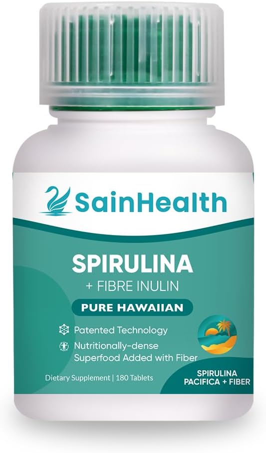 Spirulina + Fibre Inulin - Herbal Supplemen, Tablet Fiber Vegan yang ditambahkan untuk Kesehatan Digetical, 600mg Spirulina, Vegan & GMO Bebas (180 Tablet)