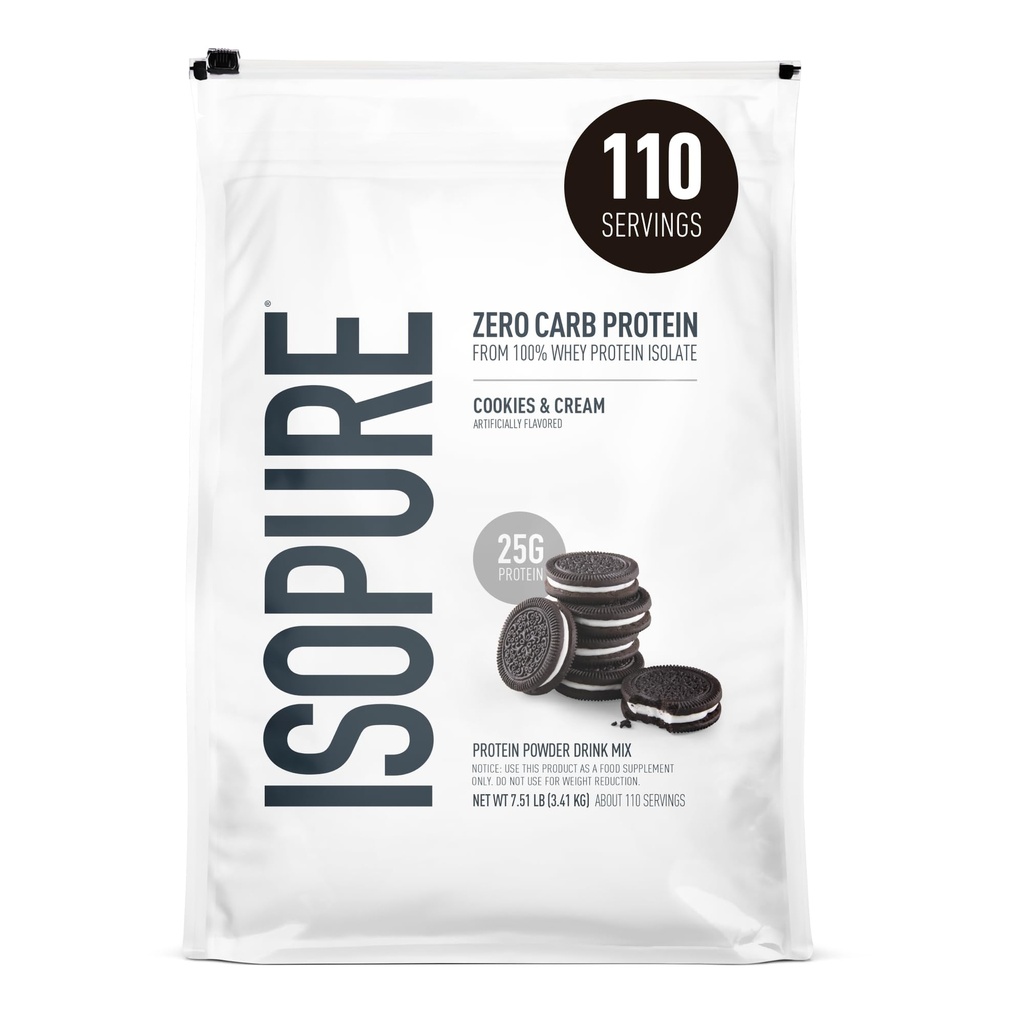 Isopure Zero Carb 100% Pure Whey Isolate Protein Powder, Laktosa Free, Gluten Free, with Vitamin, Cookies & Cream, 25g Protein Per Serving, 7.5 Lbs, 110 Servings (Packaging May Wary)