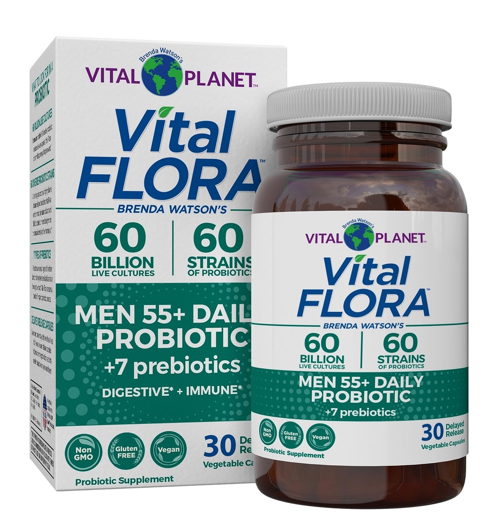 Planet Vital - Vital Flora Men 55 + Daily Probiotic, 60 Milyar CFU, 60 Diverse Strains, 7 Organic Pregories, Imune Dukung, Gas Relief, Colon dan Digetical Health Progrees for Men 30 Capsules