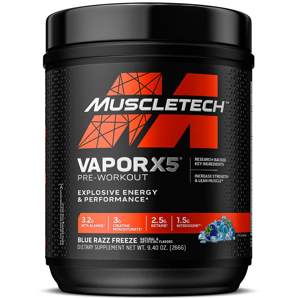 MuscleTech Pre-Workout Powder, Vapor X5 - Sports Nutrition Muscle Suplemen untuk Women & Men - Intense Muscle Pump Energy Popper Drum Mix - Blue Razz Freeze, 266g (30 Servings)