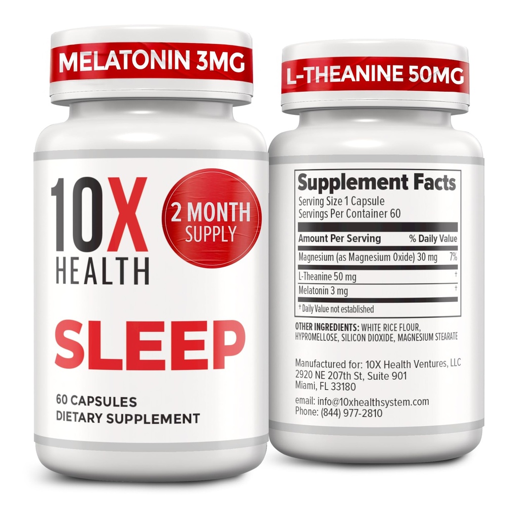 Suplemen 10X Health Sleep untuk orang dewasa - 60 Kapsul - Melonatin 3mg, L Theanine, Magnesium Suplemen, Magnesium Oxide untuk Deep, Lebih baik Istirahat & Relaxation - 3- 1 Dukungan Tidur Alam