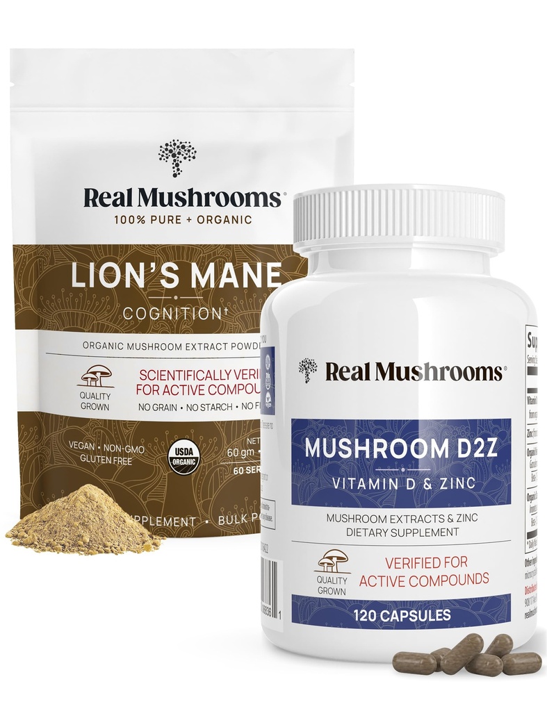 Mushroom Real Vitamin D2, Cheriated Zinc, Chaga, Reishi (120ct Lion Organic 's Mane Poader (60 Servings) Bundle - Dukungan kekebalan dan Kognitive, Diimprovisasi Absorpsi - Vegan, Gluten Free, Non-GMO