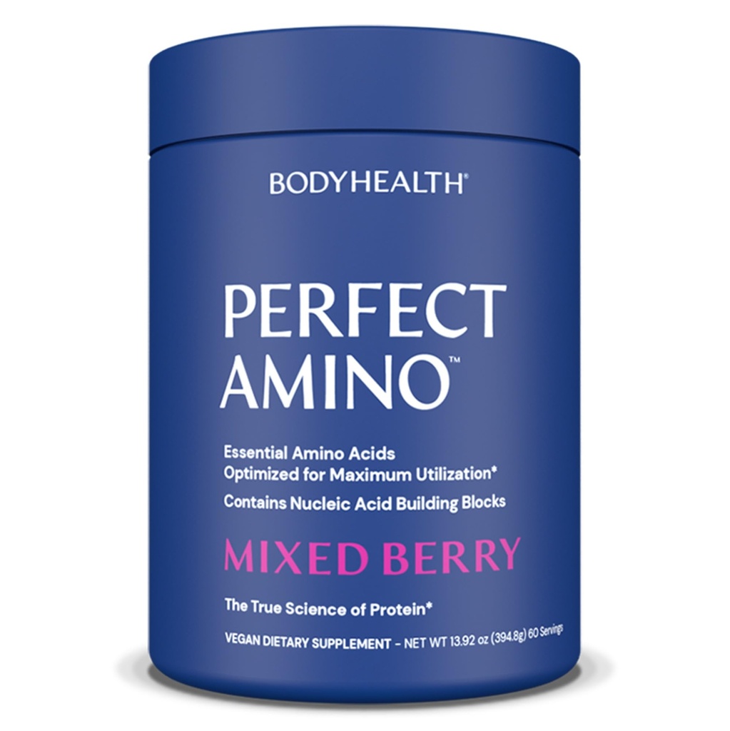 BodyHealth PerfectAmino Powder - BCAA dan bedak EAA untuk Pra dan Post Workout - Amino Acid Energy Minuman untuk Pria dan Perempuan untuk Mendukung Lean Muscle dan Pemulihan - Campuran Berry - 60 Servis