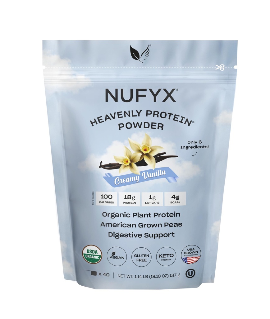 NUFYX....... Protein Heavenly Powder ® Powder World 's Finest 100% Organic American Grown Peas = Vegan Bebas Gluten (Creamy Vanilla, 40 Scoops)