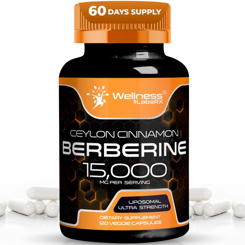 WELLNESS LABSRX Berberine Tambahan 15.000mg - Berin dengan Cinnamon Ceylon, Overall Wellness Dukungan Capsules - 120 Capsules (Paket 1)