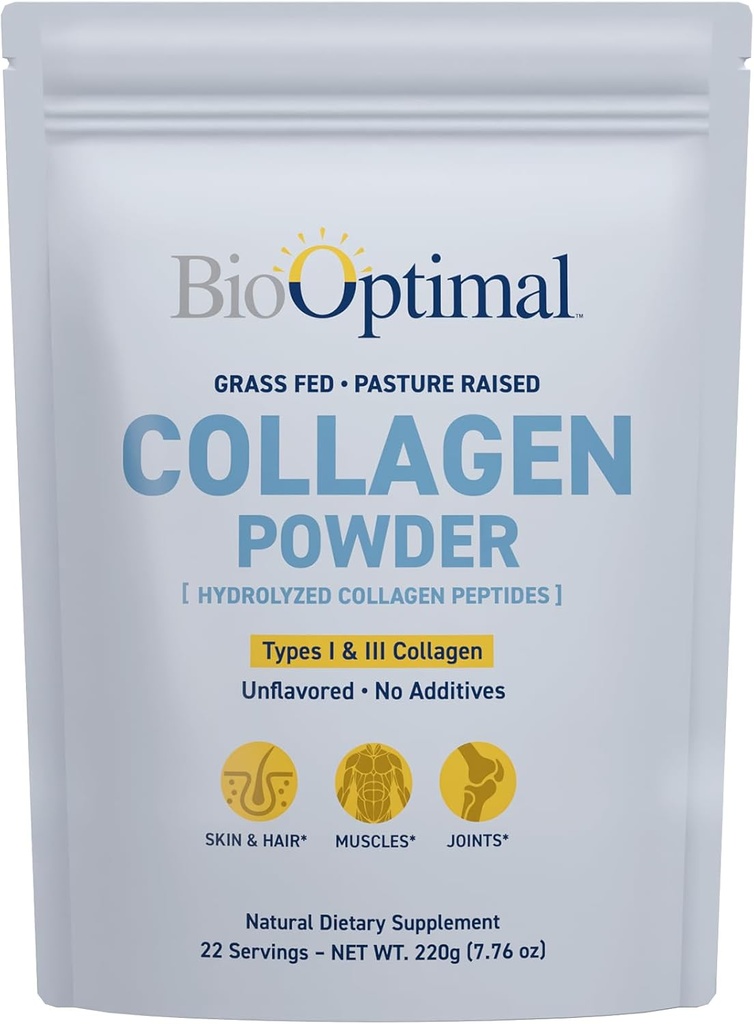 BioOptimal Collagen Peptides Powder - Grass- Fed, Pasture- Raised Hydrolyized Protein untuk Skin, Hair, & Nails - Non-GMO, Zero Sugar Daily Suplemen untuk Pria & Women (22 Servis)