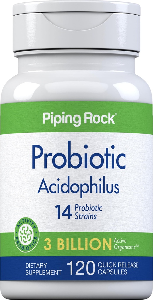 Piping Rock Probiotic Acidophilus capsules for Women and Men 124; 3 Milyar Live Cultures 124; 120 Pistls 124; 14 Strains Suppplemen 124; Non-GMO, Gluten Free