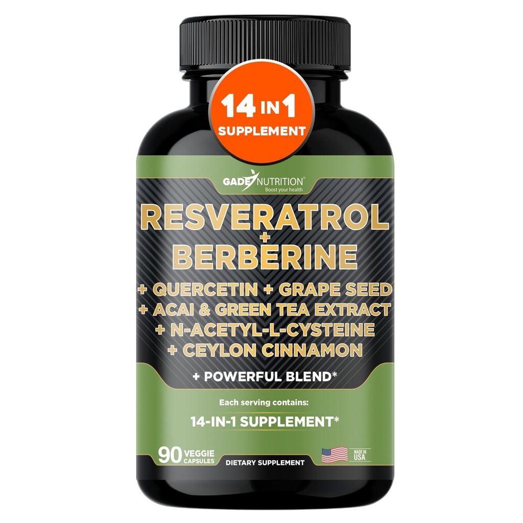 Gade Nutrition Resveratrol Berberine Quercetin Benih Grape Extract Green Tea Extract N- Acetyl Cysteine - 14 dalam 1 Suplemen Kompleks untuk Perempuan & Pria dengan PowerAntioksidants - Dibuat di USA
