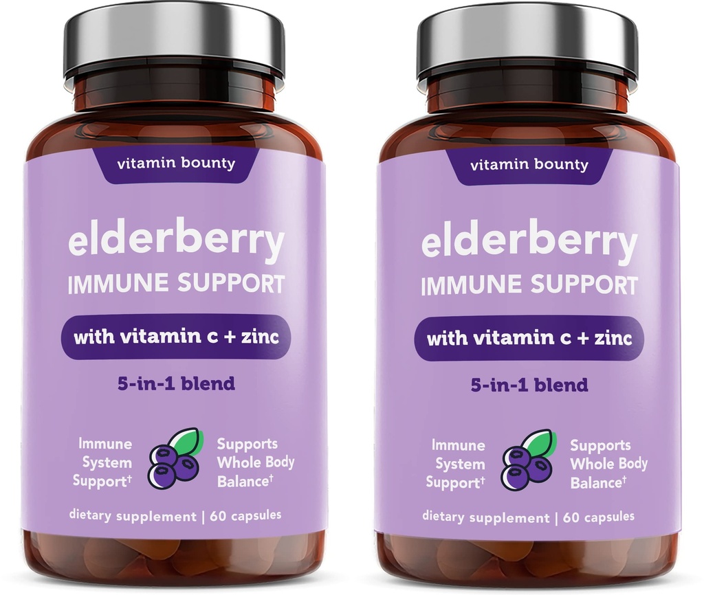 Vitamin Bounty Elderberry Immune Dukungan - dengan Zinc, Vitamin C & Echinacea, Tingkat lanjut 5-in- 1 Blend, powerful Antioksidant, Supports Whole Body Balance, Non-GMO - 60 Capsules, 2 Pack