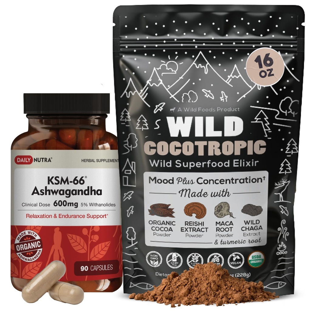 DailyNutra KSM 66 Ashwagandha (90 Capsules) dan Mushroom Cacao Mix (16oz) Bundle untuk Relaksasi dan Fokus