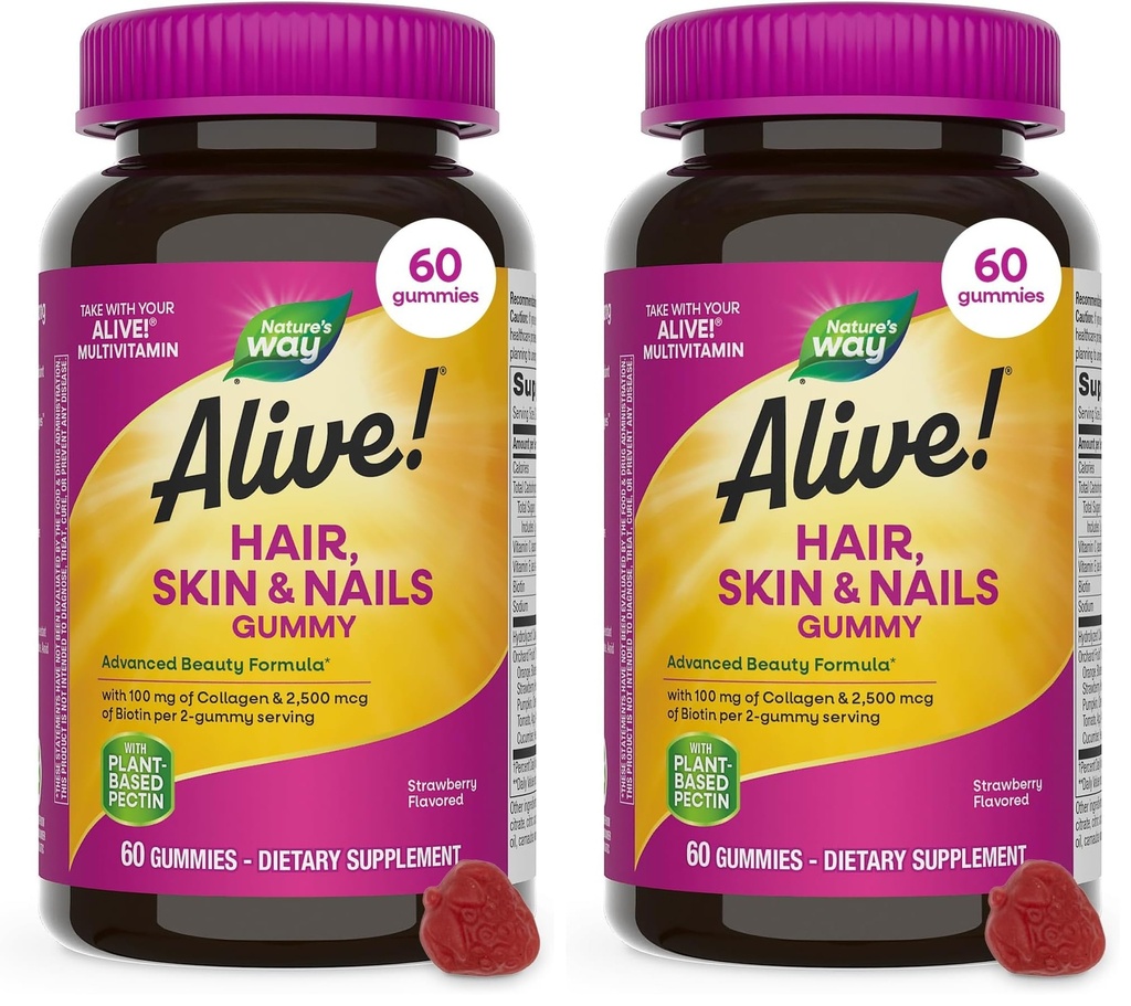 Alam Hidup! Rambut, Skin & Nails Gummies, Formula Kecantikan Lanjutan *, dengan Biotin dan Collagen, Strawberry Flavored, 60 Gummies (Packing May Vary) (Paket 2)