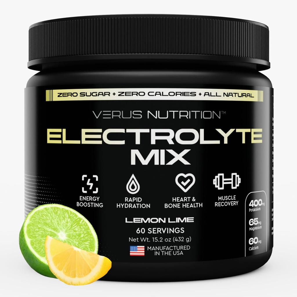Electrolytes powder No Sugar- Zero Calorie Hydration Powder 12.4; Sugar Free Electrolites for FASting, Keto & Vegan 124; Natural Ingredices Electrolite Mix, 60 Servilides (Lemon Lime)