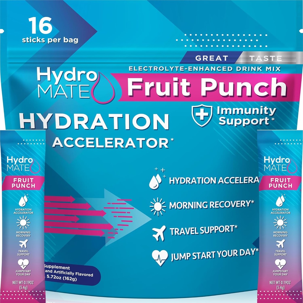 HydroMATE Electrolyte Powder Fruit Punch Hidration Packets Rendah Sugar 16 Count