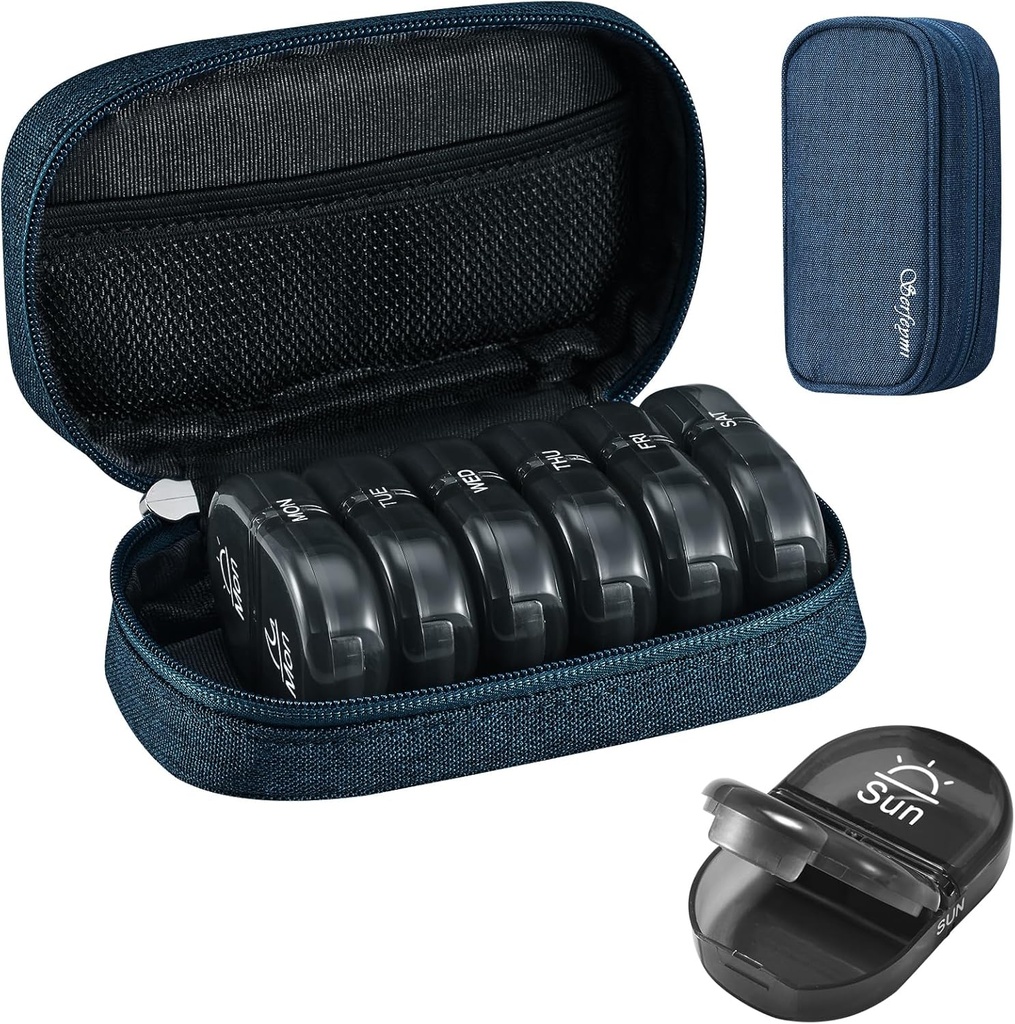 Serfeymi Weekly Travel Pill Organizer 2 Kali sehari Hari AM PM Upgraded Black Pill Box 7 Hari dengan Portable Zipper Kasus Pill, Medical Organizer for Pills, Vitamin, Suplemen, Fish Oils - Blue 01