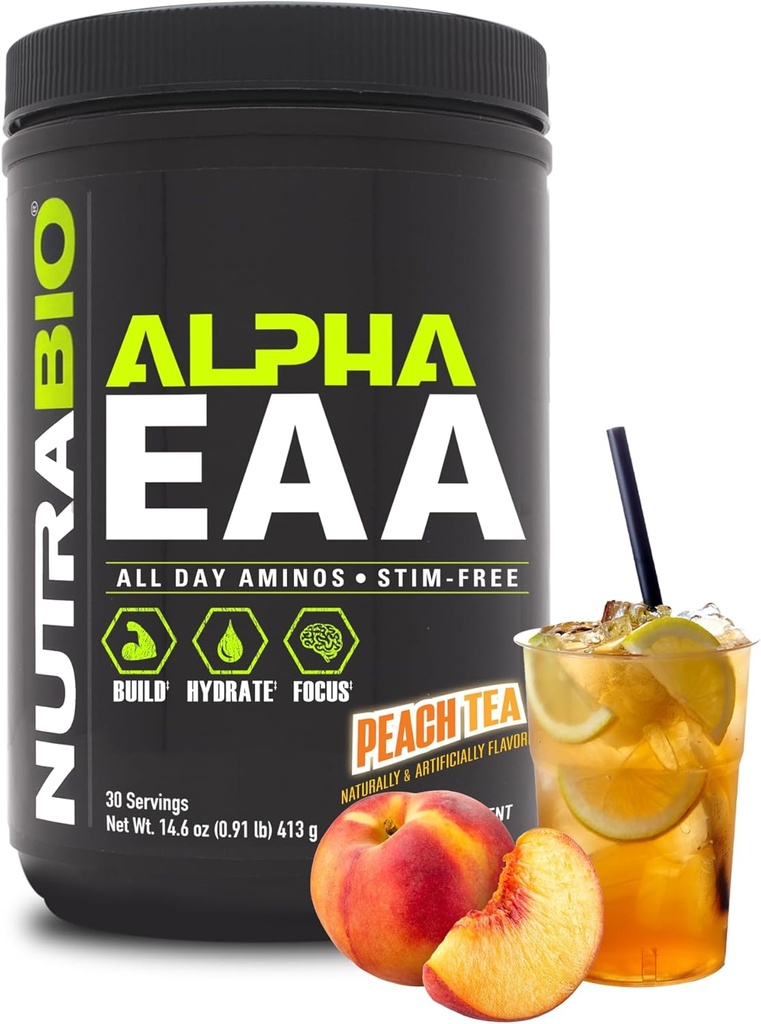 NutraBio EAAA - All- Day Amino Acids for Muscle Growth and Hydration - Estile Amino Acids with Nootropics & Adaptogen- Full Spectrum EA BCAA Quoder - 30 Servings - Peach Tea