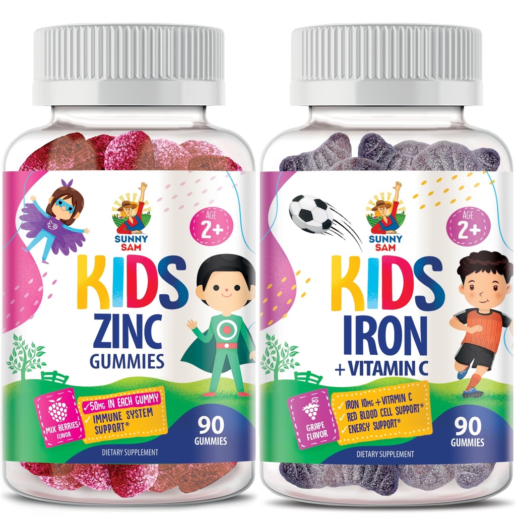 Iron Gummies for Kids & Zinc Gummies for Kids. Iron Vitamin dengan Vitamin C. Zinc Chewable Gummy untuk Dukungan Imune - Powerful Natural Antioksidant Non-GMO Tambahan untuk Anak-anak Perempuan Dewasa