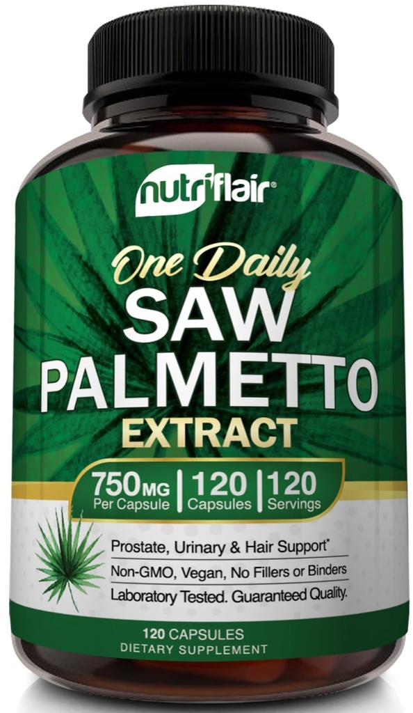 NutriFlair Saw Palmetto Extract 750mg, 120 Capsules - Suplemen Prostate & Berry Kesehatan Alam - Membantu Blok DHT untuk Mencegah Rambut Kehilangan dan Membantu Mengurangi Penentuan, untuk Perempuan dan Pria