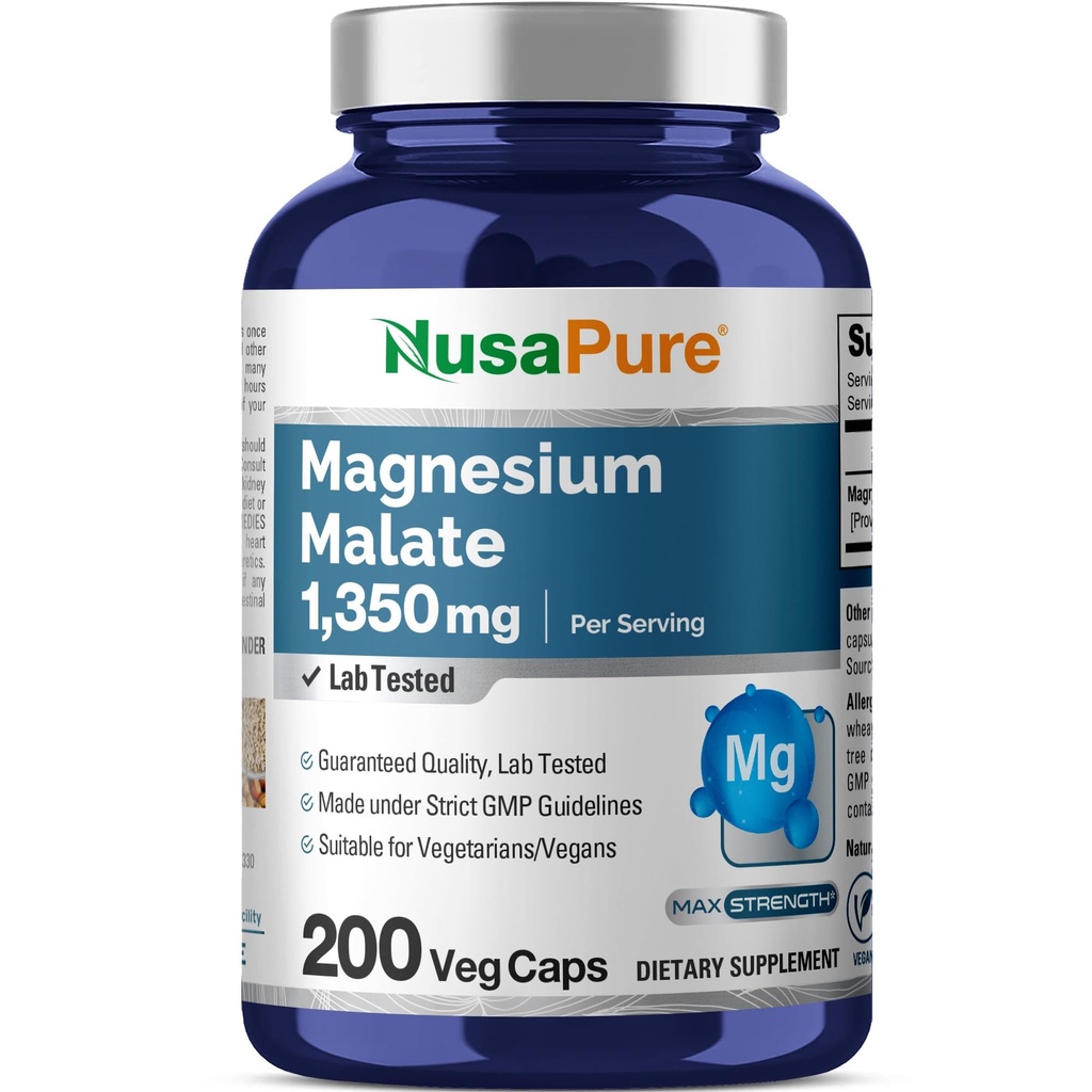 NusaPure Magnesium Malate 1350mg 200 Veggie Capsules (Vegan, Non- GMO, Vegan)