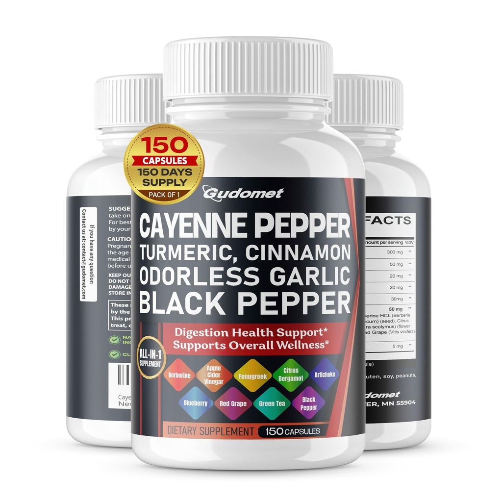 Cayenne Pepper Turmeric Odorless Cinnamon Bawang Suci Citrus Bergamot Artichoke Blueberry Green Tea Black Pepper -150 Capsules- Dibuat di USA