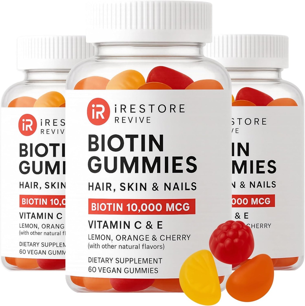 iRestore Rambut Gummy Vitamin, Vegan Biotin Gummies untuk Rambut Skin dan Nails, Rambut Tumbuh Gummies untuk Perempuan & Pria, Biotin 10,000mcg, 3PK