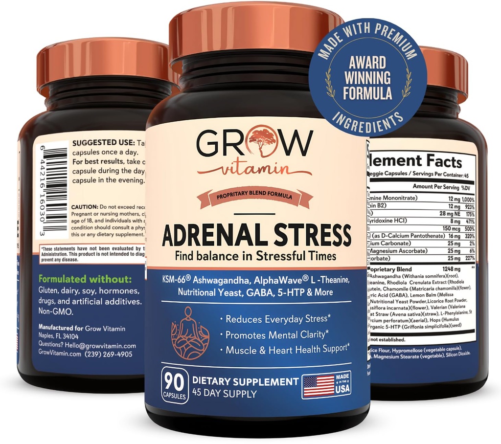 Grow Vitamin Adrenal Stress Advanced Formula, Organik KSM- 66 Ashwagandha with Alphawave L-Theanine, 5- HTP, Magnesium Blend - Everyday Stress Relief, Mood Support, Cognitive, Brain Health, 90 Capsules
