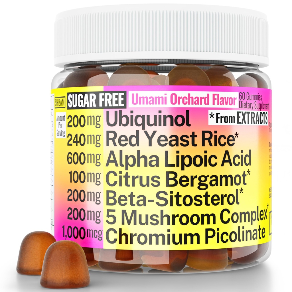 Red Yeast Rice Alpha Lipoic Acid Ubiquinol CoQ10 Citrus Bergamot-Sitosterol Chromium Sugar- Kurang Gummies w Lion 's Mane Turkey Tail Reishi Cordyceps Chaga, Pil Capsules Tambahan Alt