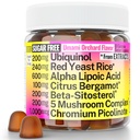 Red Yeast Rice Alpha Lipoic Acid Ubiquinol CoQ10 Citrus Bergamot-Sitosterol Chromium Sugar- Kurang Gummies w Lion 's Mane Turkey Tail Reishi Cordyceps Chaga, Pil Capsules Tambahan Alt