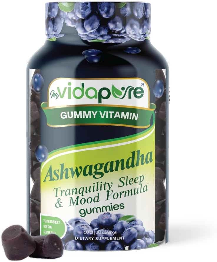 Ashwagandha Gummies, Potency Ashwagandha Root Extract dengan Magnesium Glycinate, Meltonin, B6, Valerian Root, GABA, Passion Flower for Men and Women. 60 Count 30 porsi oleh My VidaPure