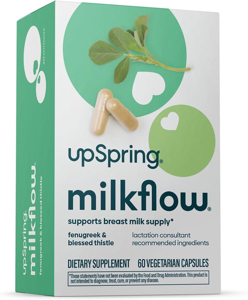 UpSpring Milkflow Lactation Supplemen Supply Milk, Supplemen Breastfeating with Fenugreek & Blessed Thistle, Non-GMO, Lactation Dukung 60 Vegan Capsules
