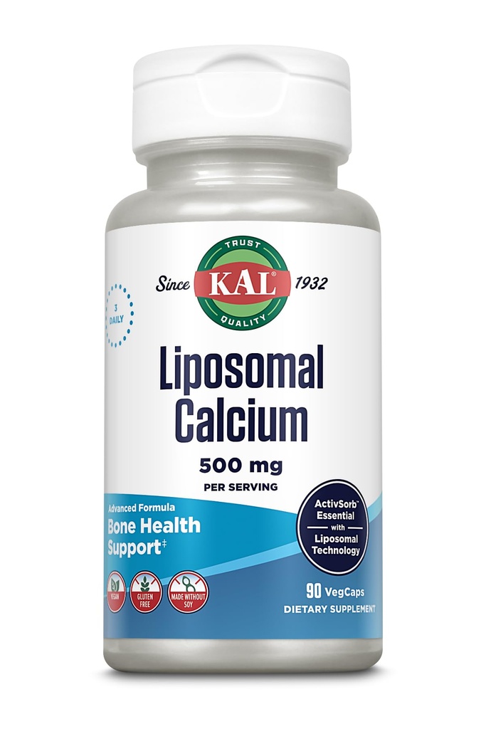 KAL Lipomal Kalsium 500 mg, Tambahan Absorpsi Tinggi Kalsium, Dukungan Estial Kalsium, Vegan, Gluten Bebas, Soy, 30 Serbu, 90 Vevcium Caps