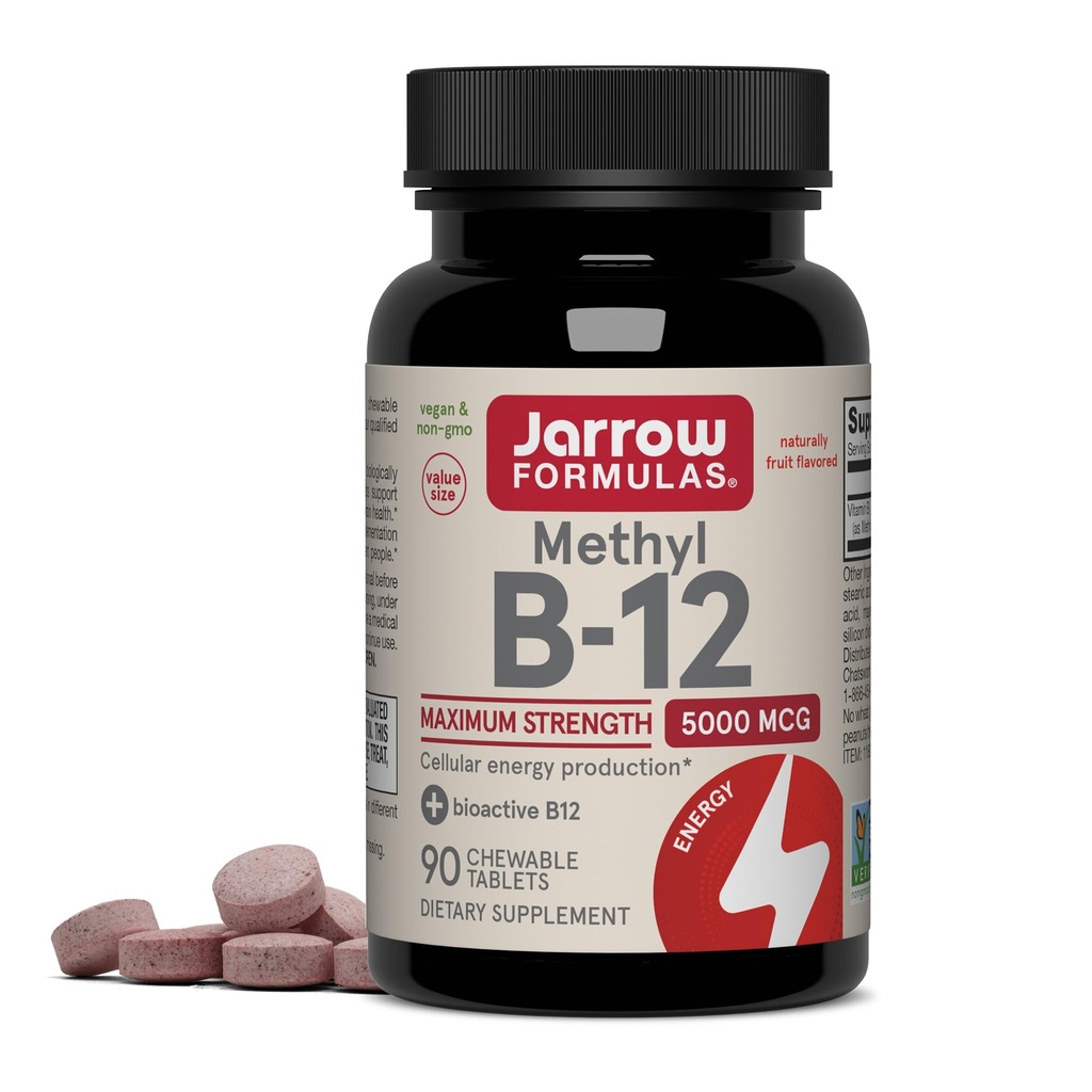 Jarrow Formula Vitamin B12 5000 mcg - Maksimum Kekuatan untuk Kesehatan Energi dan Otak Cellular, 90 Cherry Chewable Tablet, B12 Vitamin 5000 mcg