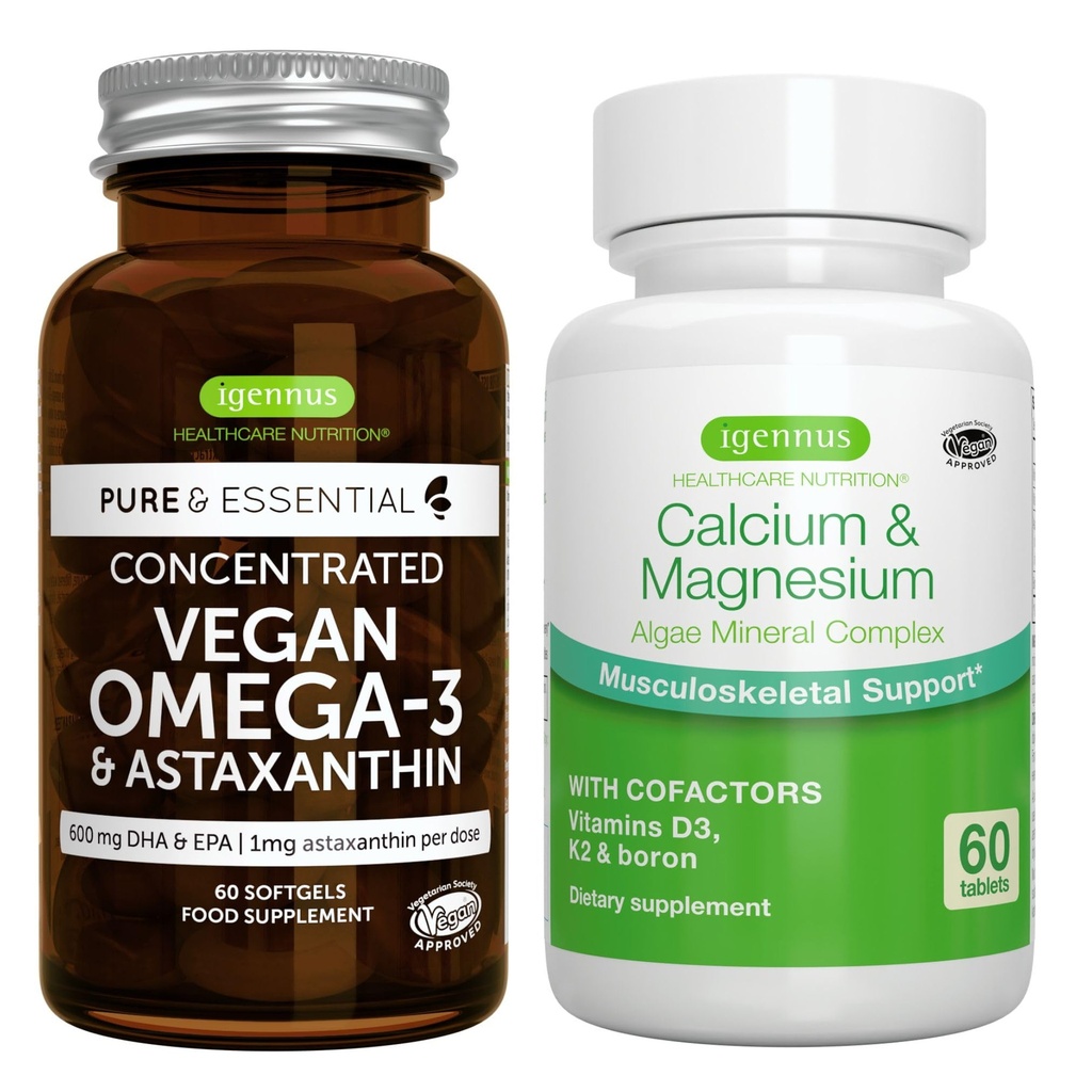Vegan Omega-3 + Kalsium & Magnesium Kompleks Vegan Bundle, EPA dan DHA Algae Oil 1340mg + 2: 1 Tanaman Berdasarkan Kompleks Mineral Alga, oleh Igennus